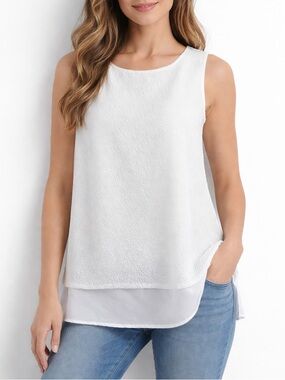 Calvin Klein Womens Large Sleeveless Layered Blouse White Mesh Lined Tunic Top